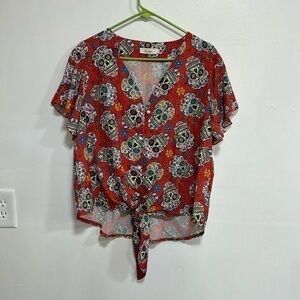 Roshop button down tie short flutter sleeve pearl buttons size XL